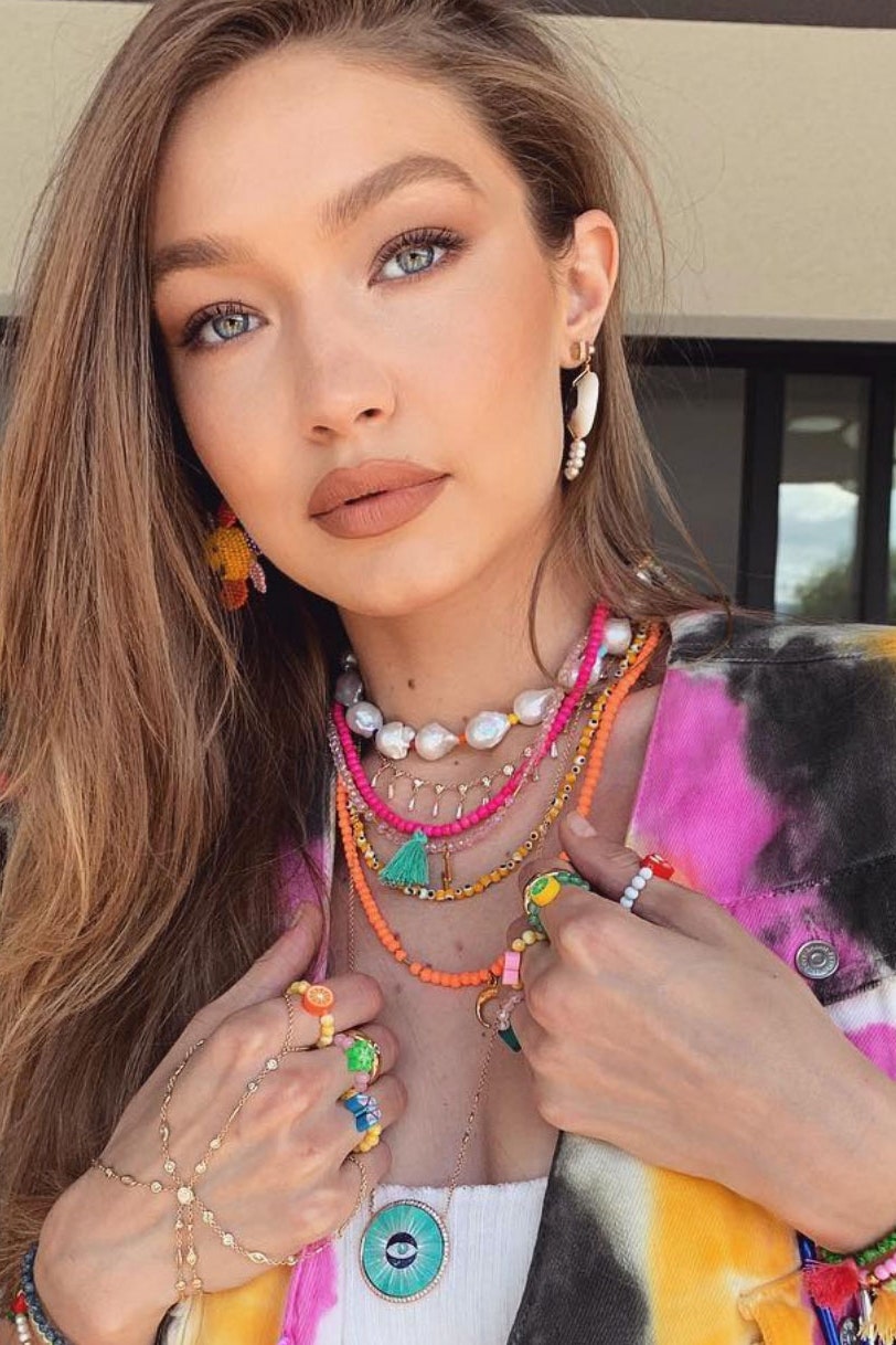 Gigi Hadid in layered necklaces