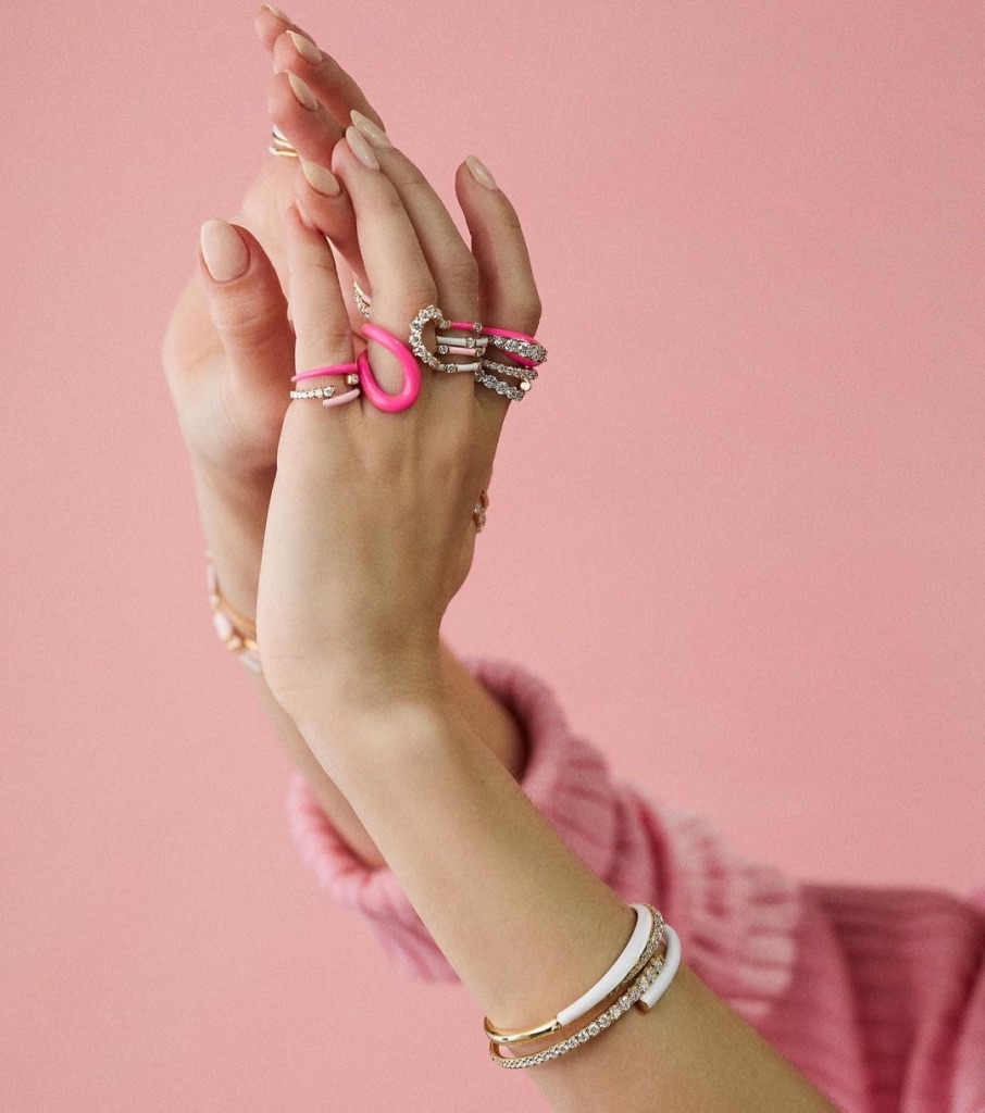 Melissa Kaye stacked rings in neon and pastel pink