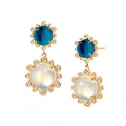 SYNA 18k Yellow Gold Mogul Hex Moon Quartz Double Drop Earrings 
