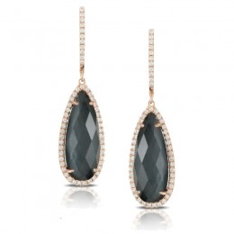18K Rose Gold Diamond Earring With Clear Quartz Over Hematite. Checkerboard Cut.