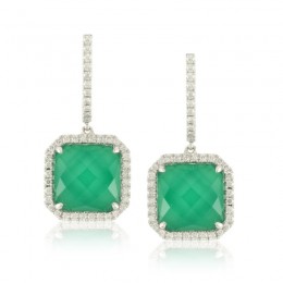 18K White Gold Diamond Earring With White Diamond And White Topaz Over Green Agate