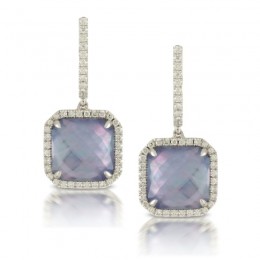 18K White Gold Diamond Earring With Lapis Base Over White Mother Of Pearl Over White Topaz