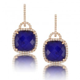18K Rose Gold Diamond Earring With Clear Quartz Over Lapis