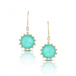 18K Yellow Gold Diamond Earring With Clear Quartz Over Amazonite
