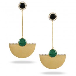 18K Yellow Gold Diamond Earring With Black Onyx Top And Malachite Bottom In Satin Finish