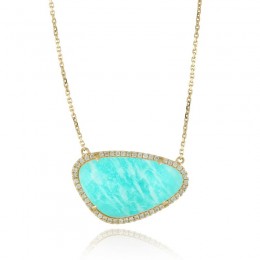 18K Yellow Gold Diamond Necklace With Clear Quartz Over Amazonite