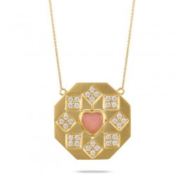 18K Yellow Gold Diamond Necklace With Pink Opal In Satin Finish