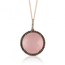 18K Rose Gold Diamond Pendant With Rose Quartz Over Pink Mother Of Pearl And Brown Diamonds White Diamond On Bail