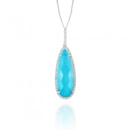 18K White Gold Diamond Pendant With Clear Quartz Over Turquoise