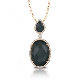 18K White Gold Diamond Pendant With White Topaz Over Hematite In Black Rohdium