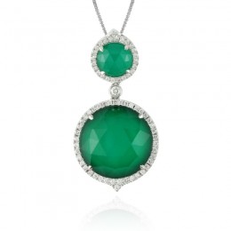 18K White Gold Diamond Pendant With White Topaz Over Green Agate