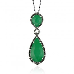 18K White Gold Diamond Pendant With Black And White Diamond With White Topaz Over Green Agate