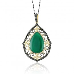18K Yellow Gold Diamond Pendant With Black And White Diamond With Green Agate