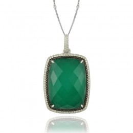 18K White Gold Diamond Pendant With 1 Row Of Black Diamond 1 Row Of White Diamond With White Topaz Over Green Agate