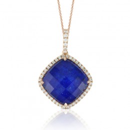 18K Rose Gold Diamond Pendant With Clear Quartz Over Lapis