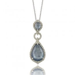 18K White Gold Diamond Pendant With Lapis Base White Mother Of Pearl Middle  And White Topaz On Top