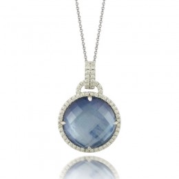 18K White Gold Diamond Pendant With Lapis Base White Mother Of Pearl Middle  And White Topaz On Top