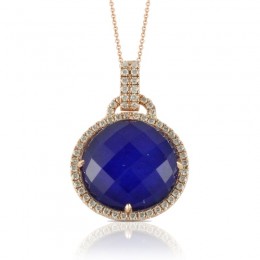 18K Rose Gold Diamond Pendant With Clear Quartz Over Lapis