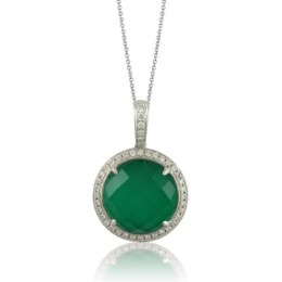 18K White Gold Diamond Pendant With White Topaz Over Green Agate