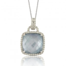 18K White Gold Diamond Pendant With Lapis Base Over White Mother Of Pearl And White Topaz Top
