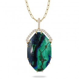 18K Yellow Gold Diamond Pendant With Azurite Malachite In Satin Finish
