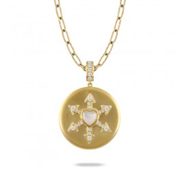 18K Yellow Gold Diamond Pendant With Clear Quartz Over White Mother Of Pearl Center