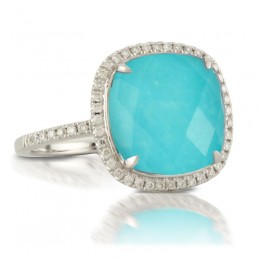 18K White Gold Diamond Ring With Clear Quartz Over Turqouise