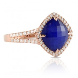18K Rose Gold Diamond Ring With Clear Quartz Over Lapis