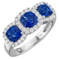 18k White Gold Three Stone Sapphire And Diamond Halo Ring