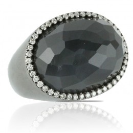 18K White Gold Diamond Ring With Grey Moonstone In Black Rohdium