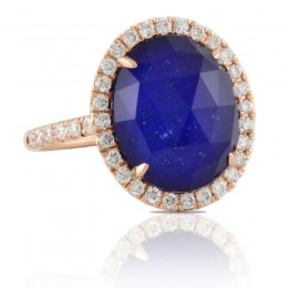18K Rose Gold Diamond Ring With White Topaz Over Lapis