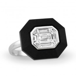 18K White Gold Invisible Set Diamond Ring With Black Onyx