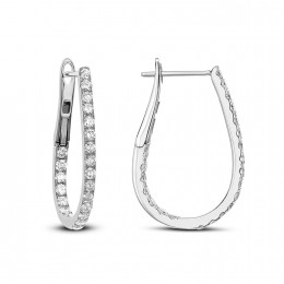 18k White Gold Oval In And Out Diamond Hoop Earrings