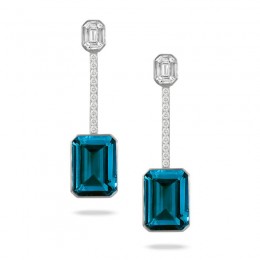 18K White Gold Invisible Set Diamond Earring With London Blue Topaz