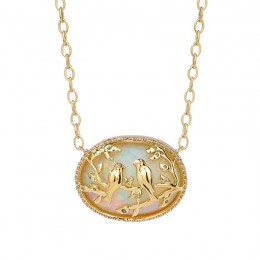 SYNA 18k yellow gold limited edition ethiopion opal (appx 17cts) love birds pendant with champagne diamonds (Appx.3cts) and tsavorites (appx.08cts)on an 18 inch chain.