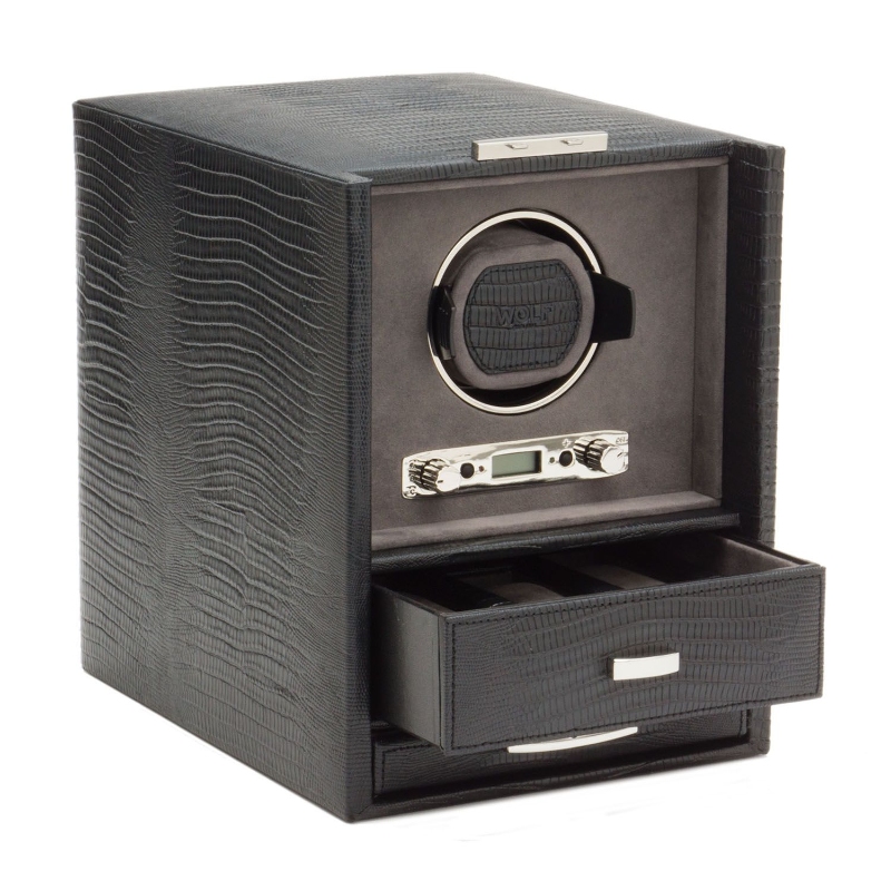 WOLF1834 Design Blake double winder box in black embossed leather with storage.