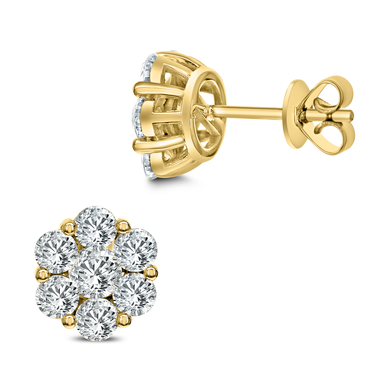 18k Yellow Gold Floral Diamond Cluster Earrings