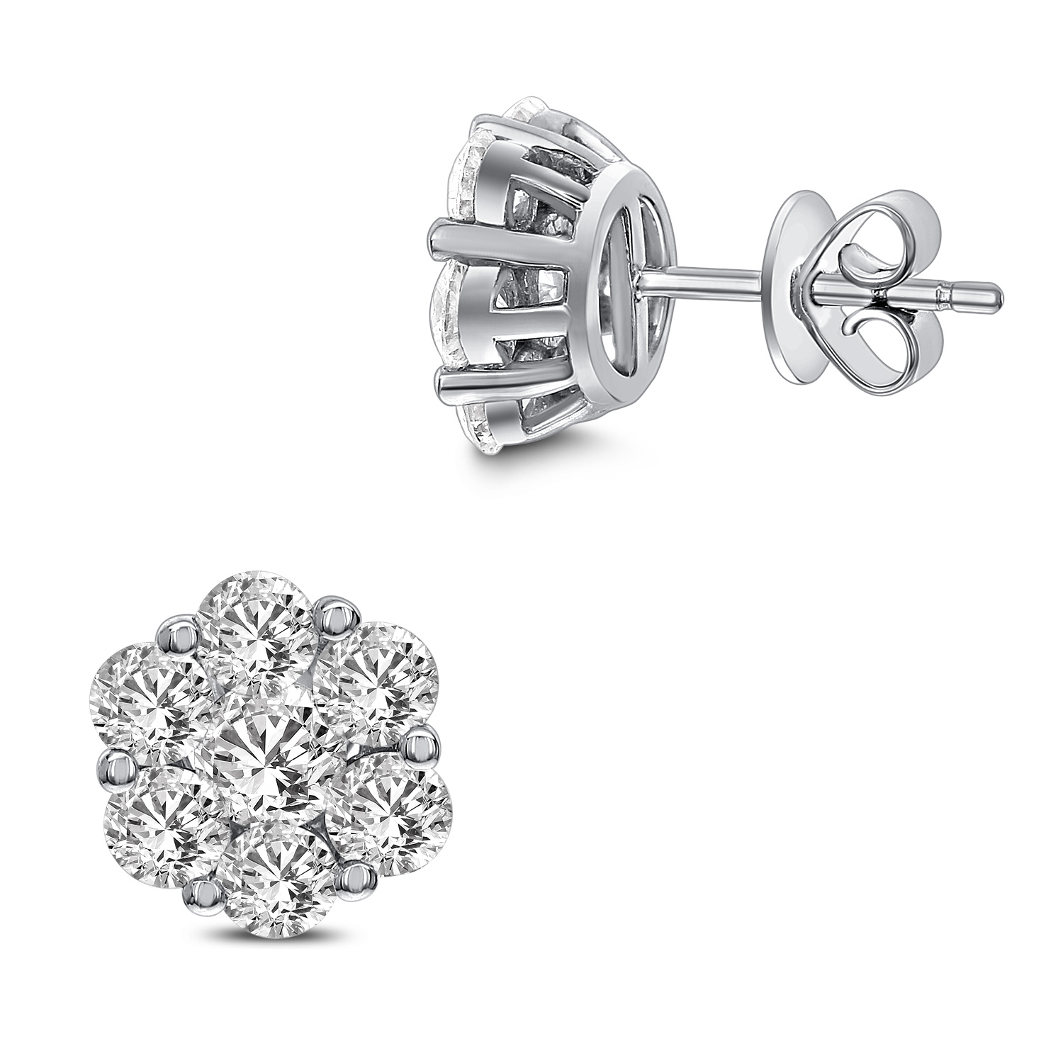 18k White Gold Floral Diamond 2.50 Carat Cluster Earrings 