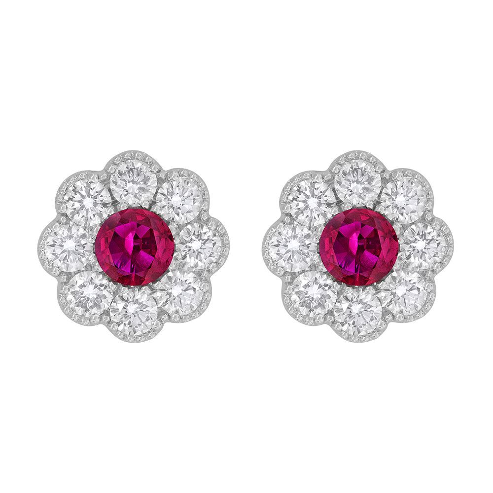 Ruby & Diamond Floral Stud Earrings