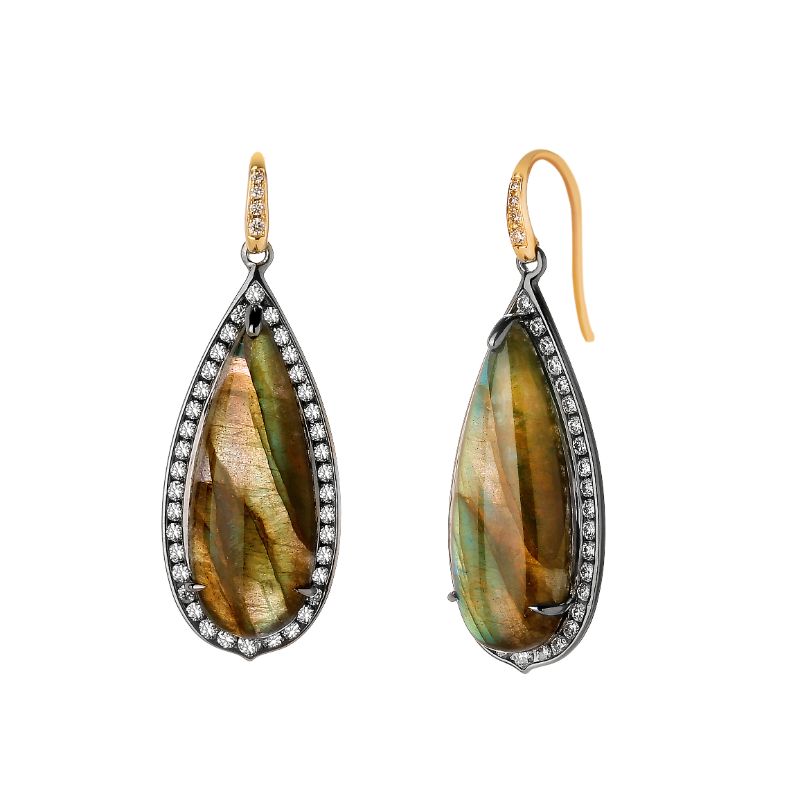 SYNA 18kyg 925 oxidized silver limited edition tear drop earrings with labradorite(Appx. 18cts)and champagne diamonds Appx. 1ct.