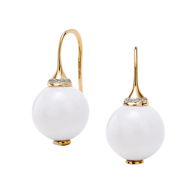 SYNA 18k Yellow Gold Mogul White Agate Bead Earrings