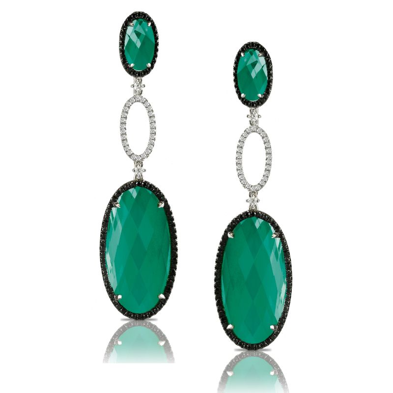 18K White Gold Diamond Earring With Black And White Diamond And White Topaz Over Green Agate