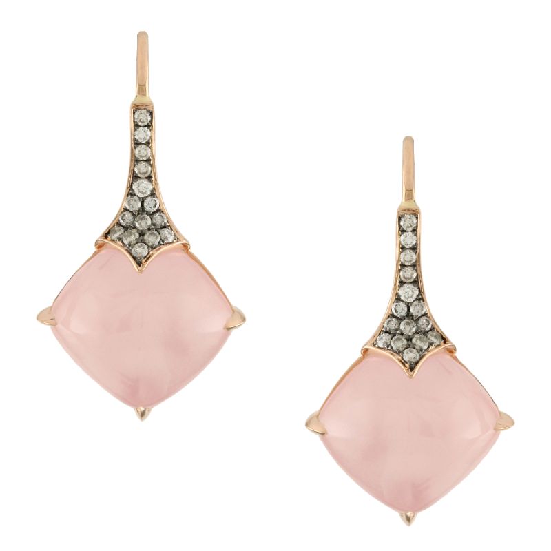 18K Rose Gold Diamond Earring With Brown Diamond In Pink Quartz