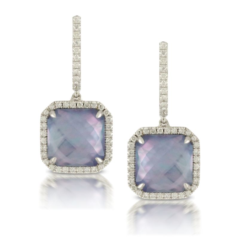 18K White Gold Diamond Earring With Lapis Base Over White Mother Of Pearl Over White Topaz