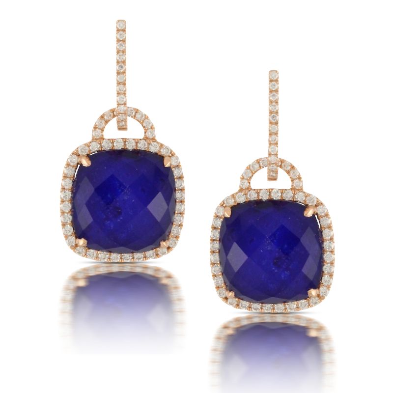 18K Rose Gold Diamond Earring With Clear Quartz Over Lapis