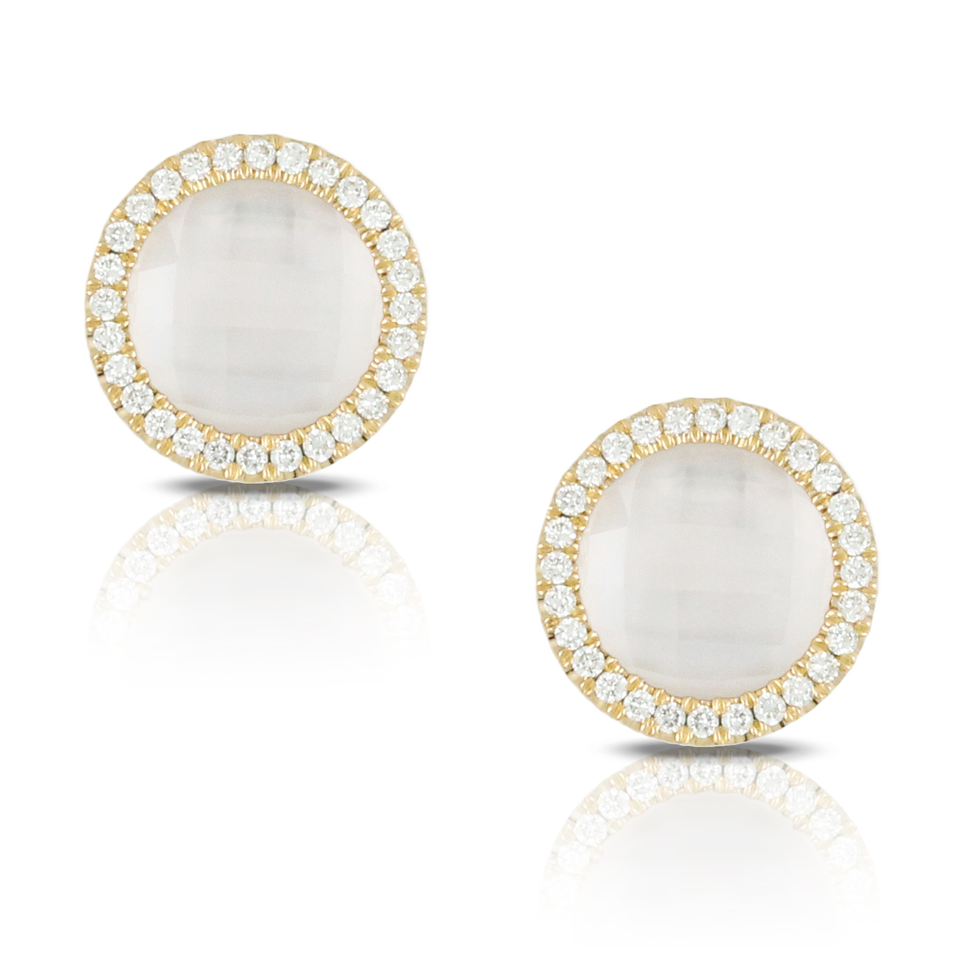 18K Yellow Gold Diamond Earring With Clear Quartz Over White Mother Of Pearl