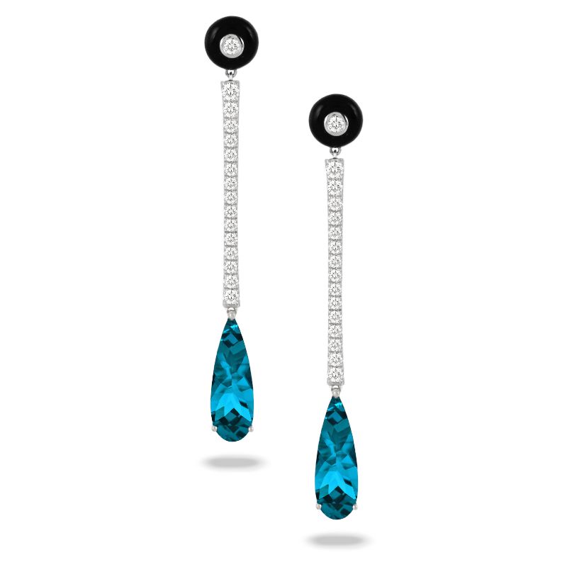 18K White Gold Diamond Earring With Black Onyx And London Blue Topaz