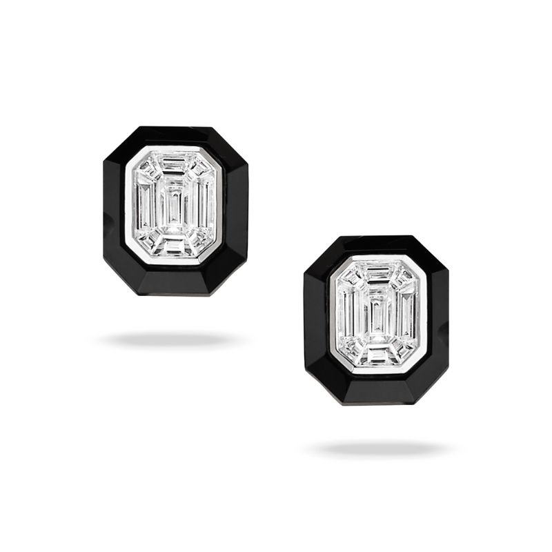 18K White Gold Invisible Set Diamond Earring With Black Onyx Borders