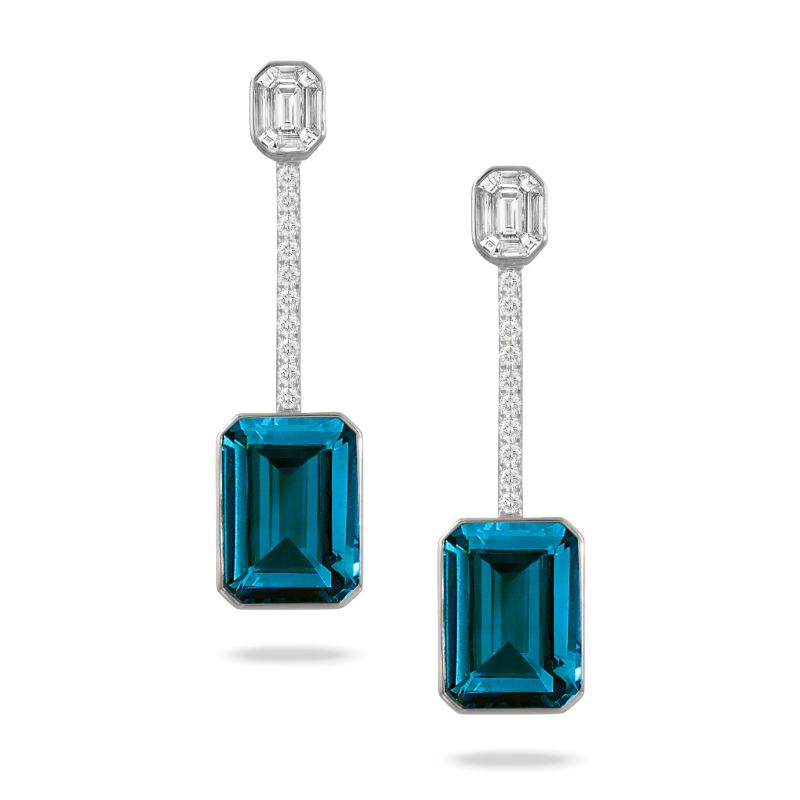 18K White Gold Invisible Set Diamond Earring With London Blue Topaz