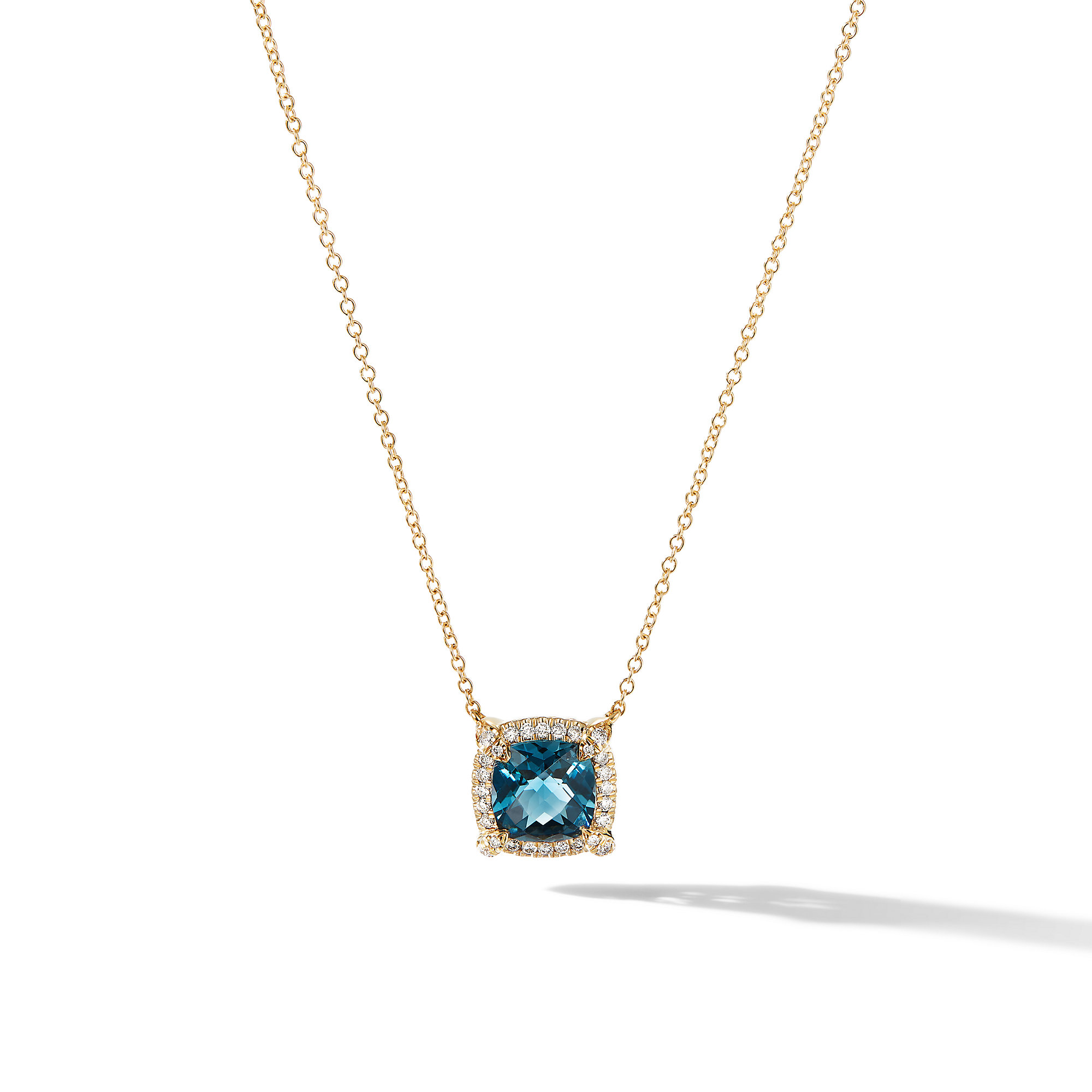 Petite Chatelaine® Pave Bezel Pendant Necklace in 18K Yellow Gold with Hampton Blue Topaz
